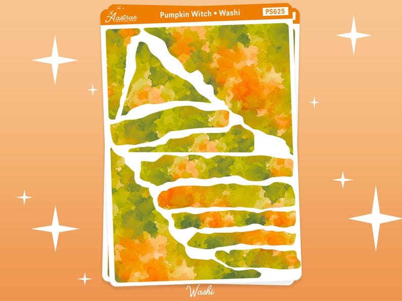 K&ouml;nnte beinhalten: Ein Bogen Washi-Tape-Aufkleber mit einem Aquarelldesign. Die Aufkleber weisen eine Mischung aus gr&uuml;nen, orangefarbenen und wei&szlig;en Farben auf. Der Text "Pumpkin Witch" und "Washi" ist sichtbar.