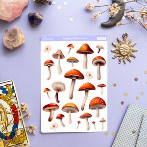 Peut inclure: Une feuille d'autocollants illustrant diff&eacute;rents types de champignons. Les autocollants sont blancs avec une bordure bleu clair et le texte "Magical Mushrooms" et "PS252" imprim&eacute; sur la feuille.