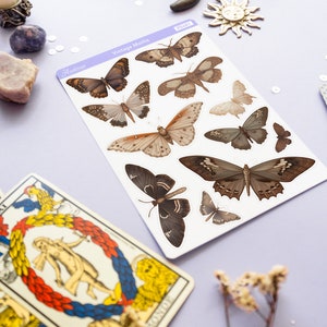 May include: A sheet of vintage moth stickers with brown, black, and white moths on a white background. The sheet is labeled "Vintage Moths" and has the product number "PS461".