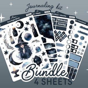 May include: A set of four sticker sheets featuring a dark night witch theme. The sheets include a variety of stickers, such as a witch, stars, moons, and bottles. These stickers are ideal for adding a touch of magic to your planner, journal, or scrapbook.