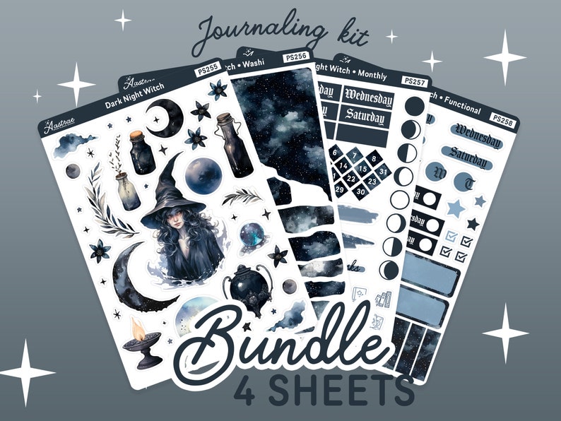May include: A set of four sticker sheets featuring a dark night witch theme. The sheets include a variety of stickers, such as a witch, stars, moons, and bottles. These stickers are ideal for adding a touch of magic to your planner, journal, or scrapbook.