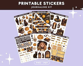 Printable Halloween Sticker Sheet, Witchy Bullet Journal Stickers, Halloween Planner Deco Stickers, Cricut Printable Sticker Kit PNG PDF