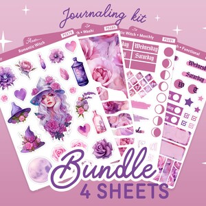 May include: A set of four sticker sheets with a romantic witch theme. The sheets feature illustrations of a witch, flowers, moons, and other magical elements. The text "Journaling kit" and "Bundle 4 Sheets" is visible on the image.