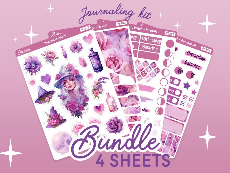 May include: A set of four sticker sheets with a romantic witch theme. The sheets feature illustrations of a witch, flowers, moons, and other magical elements. The text "Journaling kit" and "Bundle 4 Sheets" is visible on the image.