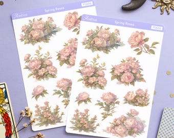 Spring Rose Stickers, Vintage Flower Planner Stickers, Cottagecore Scrapbook, Botanical Journaling Stickers, Romantic Garden Aesthetic