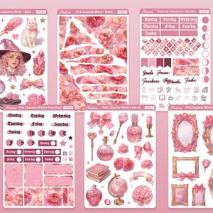 May include: A set of pink and gold planner stickers featuring a witch, flowers, and other whimsical designs. The stickers include a monthly calendar, weekly planner, and various decorative elements.