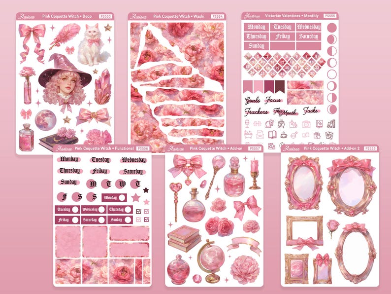 May include: A set of pink and gold planner stickers featuring a witch, flowers, and other whimsical designs. The stickers include a monthly calendar, weekly planner, and various decorative elements.