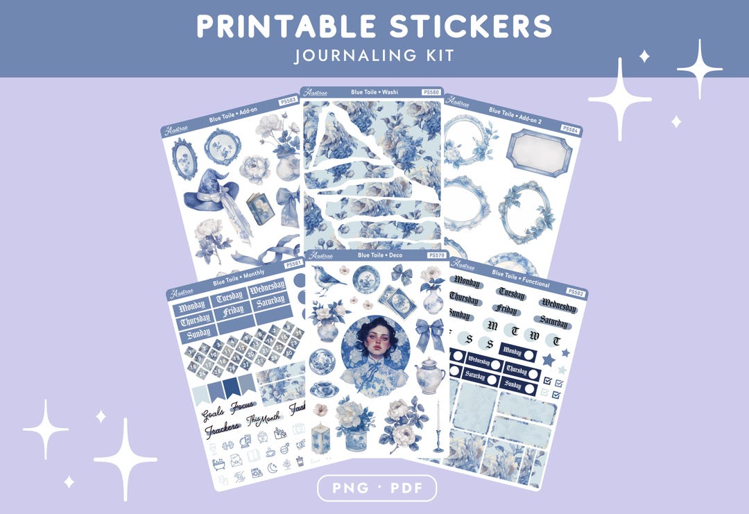 Blue Toile Printable Planner Stickers, Vintage Journaling Kit ...
