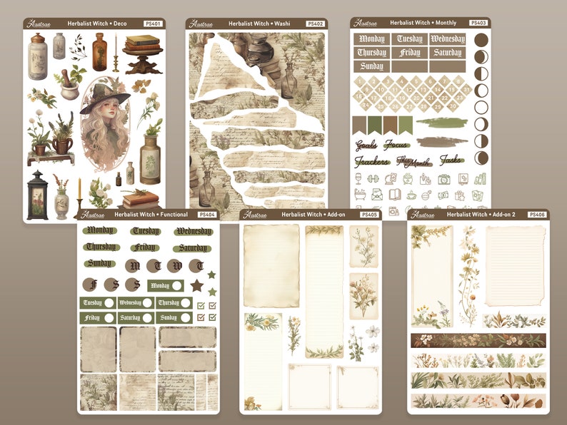 K&ouml;nnte beinhalten: Ein Set mit sechs Stickerb&ouml;gen mit einem Hexen-Thema. Die Sticker zeigen Illustrationen einer Hexe, Flaschen, Pflanzen und anderer Hexenartikel. Die Sticker sind perfekt zum Dekorieren von Planern, Tageb&uuml;chern und anderen Gegenst&auml;nden.