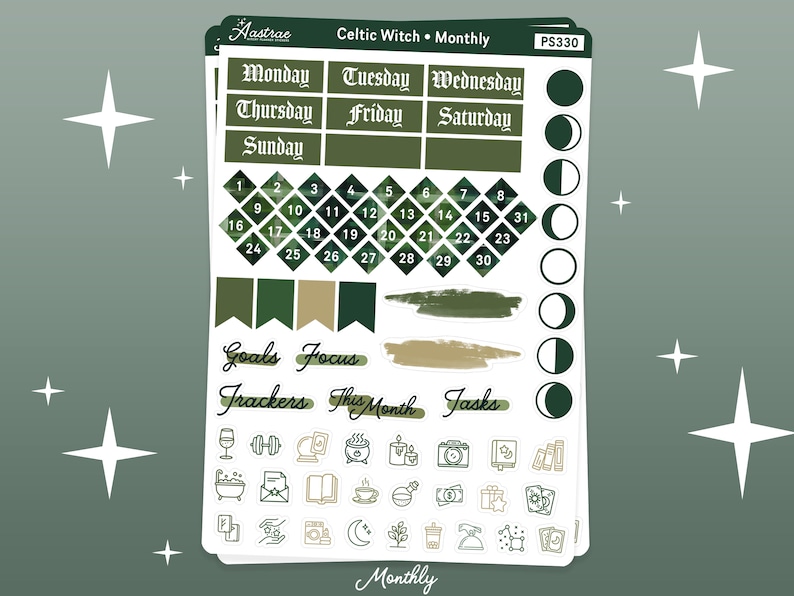 Pode incluir: Um conjunto de adesivos de planejador verde e dourado com tema de bruxa celta. Os adesivos incluem um calend&aacute;rio mensal, os dias da semana, as fases da lua e v&aacute;rios &iacute;cones como um caldeir&atilde;o, um livro, uma x&iacute;cara de caf&eacute; e uma banheira.
