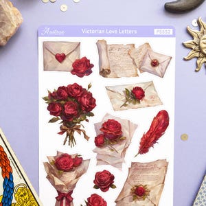 May include: A sheet of stickers featuring Victorian-themed love letters, envelopes, and roses. The stickers are white with a light purple background. The text "Victorian Love Letters" and "PS552" are printed on the sheet.