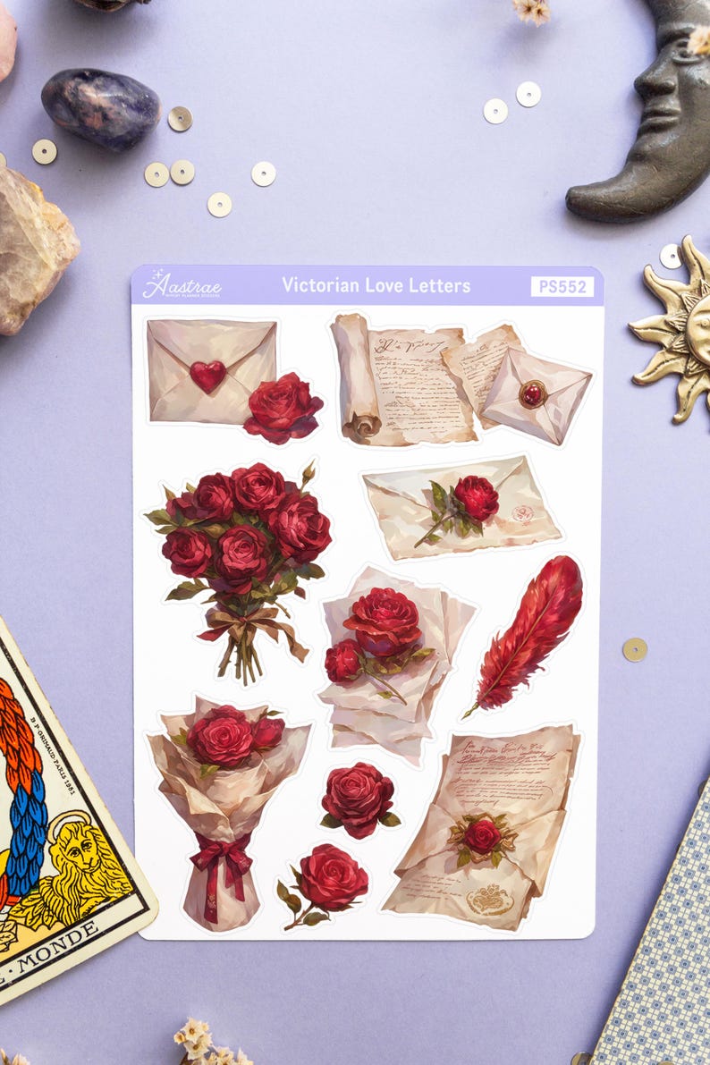 May include: A sheet of stickers featuring Victorian-themed love letters, envelopes, and roses. The stickers are white with a light purple background. The text "Victorian Love Letters" and "PS552" are printed on the sheet.
