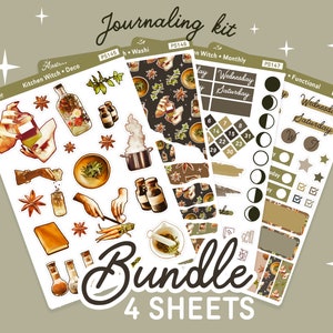May include: A set of four sticker sheets with a witchy theme. The sheets feature illustrations of potion bottles, herbs, and other witchy items. The stickers are perfect for decorating planners, journals, and other items.