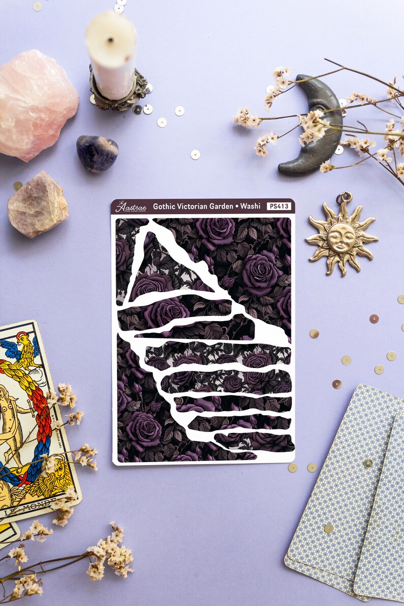 May include: A sheet of decorative washi tape with a gothic Victorian garden design. The tape features a dark background with purple roses and vines. The text "Gothic Victorian Garden - Washi" and "PS413" is printed on the sheet.