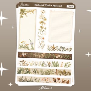 K&ouml;nnte beinhalten: Eine Blatt Planer-Aufkleber mit botanischem Thema. Die Aufkleber zeigen florale Illustrationen in Braun-, Gr&uuml;n- und Wei&szlig;t&ouml;nen. Das Blatt enth&auml;lt ein gro&szlig;es Rechteck, ein liniertes Rechteck und mehrere kleinere florale Bord&uuml;ren. Der Text "Herbalist Witch - Add-on 2" und "PS406" ist auf dem Blatt gedruckt.
