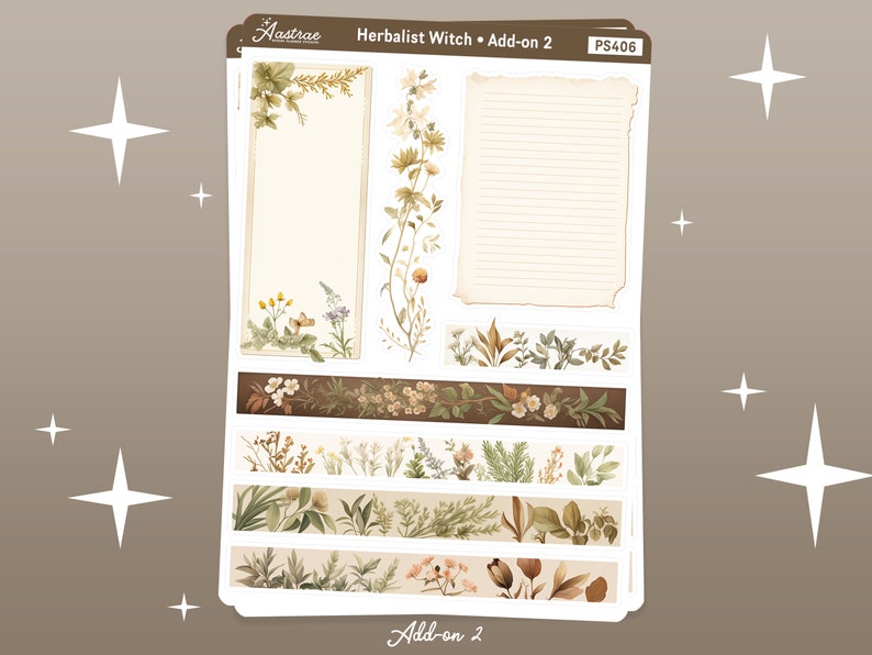 K&ouml;nnte beinhalten: Eine Blatt Planer-Aufkleber mit botanischem Thema. Die Aufkleber zeigen florale Illustrationen in Braun-, Gr&uuml;n- und Wei&szlig;t&ouml;nen. Das Blatt enth&auml;lt ein gro&szlig;es Rechteck, ein liniertes Rechteck und mehrere kleinere florale Bord&uuml;ren. Der Text "Herbalist Witch - Add-on 2" und "PS406" ist auf dem Blatt gedruckt.
