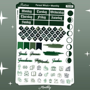 May include: A set of green and white planner stickers with a forest witch theme. The stickers include a calendar, days of the week, moon phases, and icons for goals, focus, trackers, this month, and tasks.