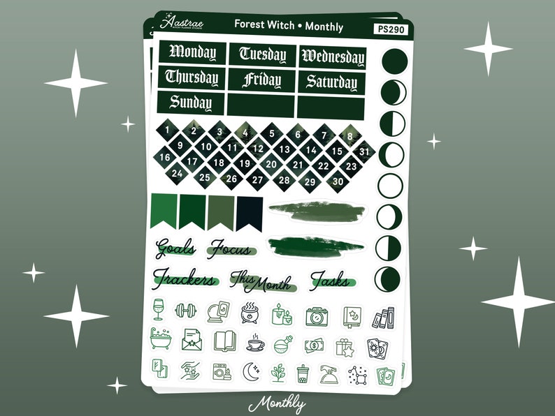 May include: A set of green and white planner stickers with a forest witch theme. The stickers include a calendar, days of the week, moon phases, and icons for goals, focus, trackers, this month, and tasks.