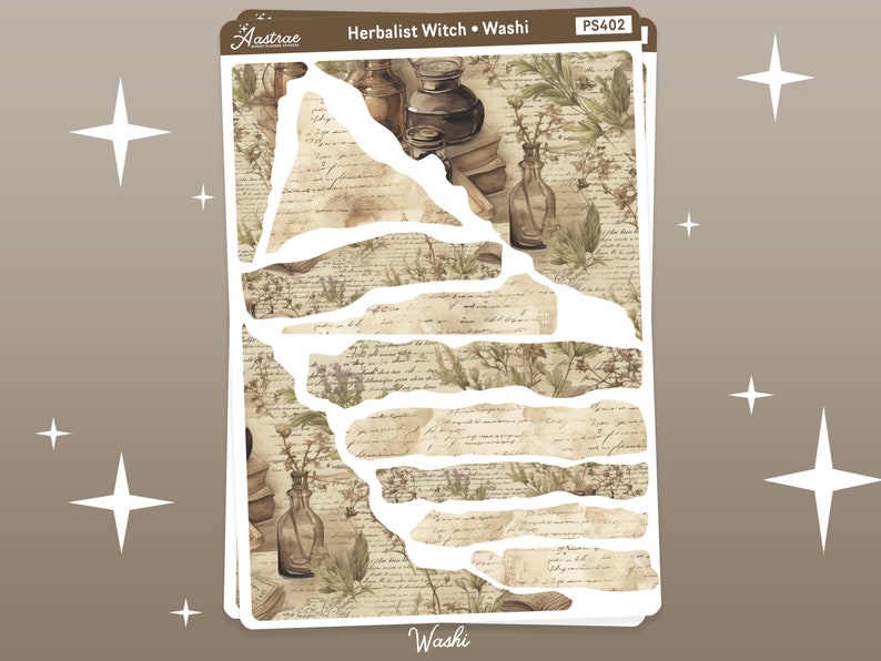 K&ouml;nnte beinhalten: Ein Blatt Washi-Tape mit Vintage-&Auml;sthetik, abgerissenen Kanten und einem Muster aus handschriftlichem Text, botanischen Illustrationen und Glasflaschen. Der Text "Herbalist Witch" und "Washi" ist auf das Blatt gedruckt.