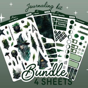 May include: A set of four green and black themed planner stickers. The stickers feature a witch, a forest scene, a moon, and a functional planner section. The stickers are part of a journaling kit and are labeled "Bundle 4 Sheets".