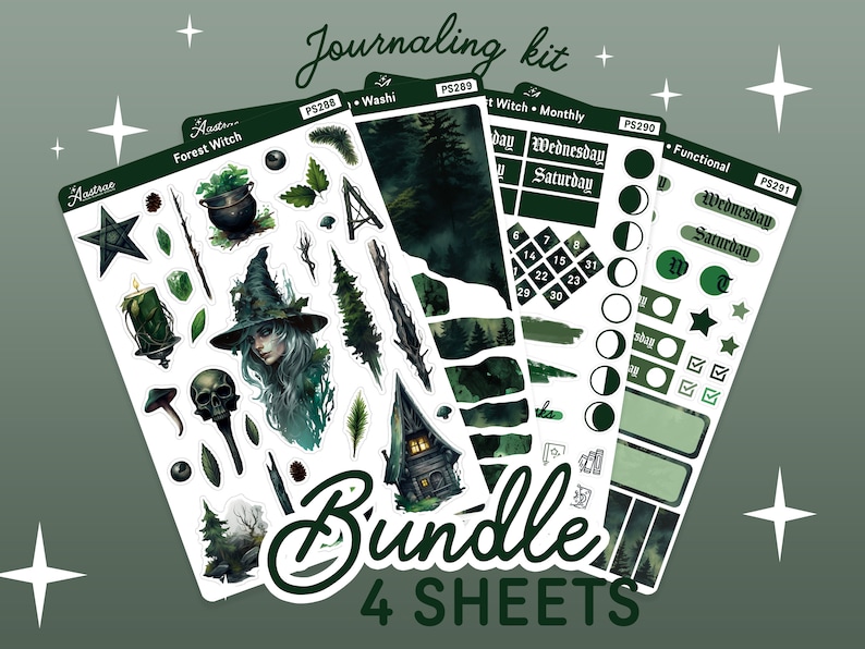 May include: A set of four green and black themed planner stickers. The stickers feature a witch, a forest scene, a moon, and a functional planner section. The stickers are part of a journaling kit and are labeled "Bundle 4 Sheets".
