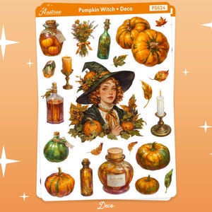 K&ouml;nnte beinhalten: Ein Stickerbogen mit dem Thema K&uuml;rbishexe. Es zeigt Illustrationen von K&uuml;rbissen, Zaubertr&auml;nken, Kerzen und einer Frau mit Hexenhut. Der Text "Pumpkin Witch Deco" ist sichtbar.