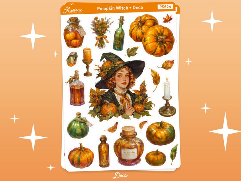 K&ouml;nnte beinhalten: Ein Stickerbogen mit dem Thema K&uuml;rbishexe. Es zeigt Illustrationen von K&uuml;rbissen, Zaubertr&auml;nken, Kerzen und einer Frau mit Hexenhut. Der Text "Pumpkin Witch Deco" ist sichtbar.
