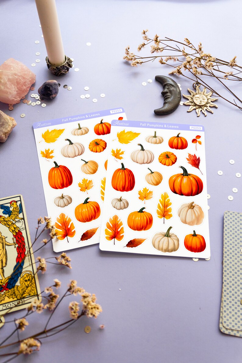 May include: Two sheets of stickers featuring fall pumpkins and leaves. The stickers are white with a light blue border and the text "Fall Pumpkins & Leaves" printed in black. The stickers are on a light purple surface.