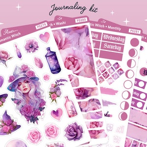 Pegatinas de brujas románticas • Kit de pegatinas mensuales de Bujo para Bullet Journal, pegatinas románticas de rosas y corazones, pegatinas decorativas rosas, brujería del amor