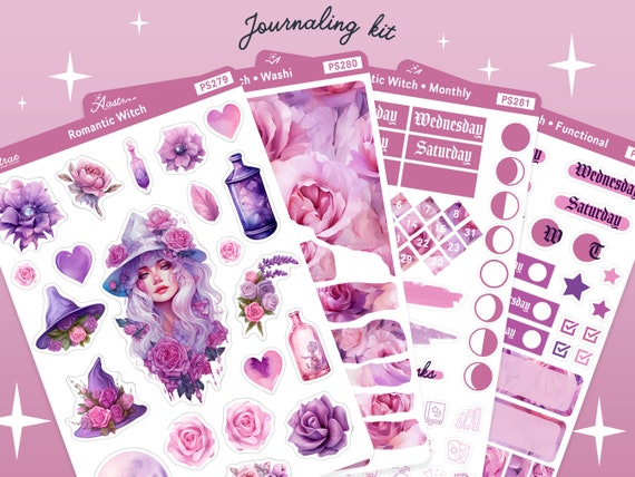 Romantic Witch Stickers • Bujo Monthly Sticker Kit Bullet Journal, Roses Hearts Romance Stickers, Pink Decorative Stickers, Love Witchcraft