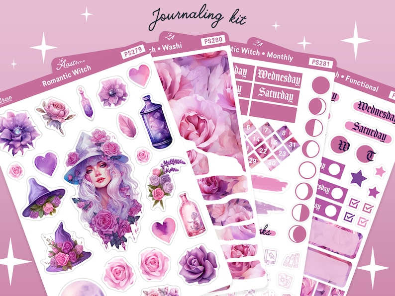 May include: A set of three sticker sheets with a romantic witch theme. The sheets feature illustrations of a witch, roses, hearts, bottles, and other magical elements. The stickers are printed on clear, glossy paper and are perfect for adding a touch of whimsy to your planner, journal, or scrapbook.