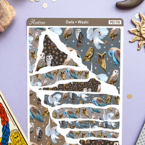 May include: A sheet of washi tape featuring a repeating pattern of owls in various poses and colors. The owls are on a gray background with white stars and brown polka dots. The tape is labeled "Owls &bull; Washi" and "PS179".