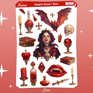 May include: Vampire Queen Deco sticker sheet featuring a range of red and gold themed stickers, including a vampire queen, a bat, a skull, a heart, a chalice, a book, a candle, and a bottle. The sheet is labelled "Vampire Queen Deco" and "PSS07".