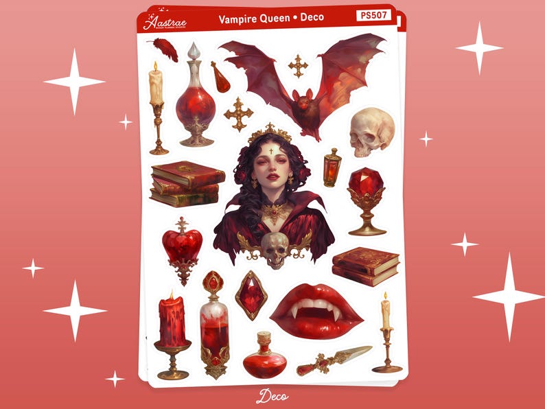 May include: Vampire Queen Deco sticker sheet featuring a range of red and gold themed stickers, including a vampire queen, a bat, a skull, a heart, a chalice, a book, a candle, and a bottle. The sheet is labelled "Vampire Queen Deco" and "PSS07".