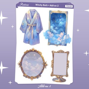 May include: A set of four digital stickers featuring a blue robe, a gold ornate mirror reflecting a cloudy sky, a gold ornate mirror with a blank white space, and a gold ornate window with a cloudy sky and stars.