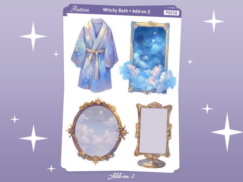 May include: A set of four digital stickers featuring a blue robe, a gold ornate mirror reflecting a cloudy sky, a gold ornate mirror with a blank white space, and a gold ornate window with a cloudy sky and stars.