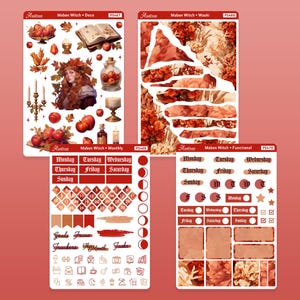 Op de afbeelding: Een set van vier planner stickers met een herfstthema met een heks, herfstbladeren en een oogstmaan. De stickers zijn in rood, oranje en bruine tinten. De stickers zijn gelabeld "Mabon Witch" en bevatten een maandelijkse kalender, een functionele planner, een washi tape vel en een decoratief vel.