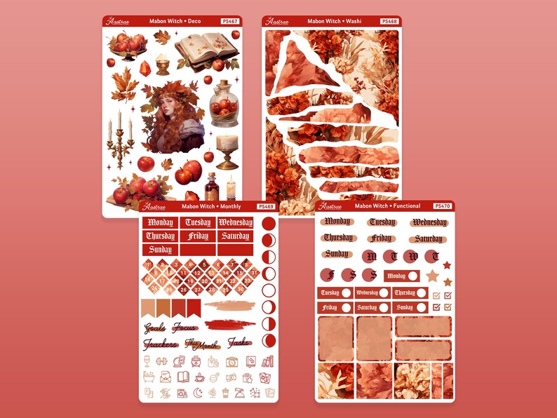 Op de afbeelding: Een set van vier planner stickers met een herfstthema met een heks, herfstbladeren en een oogstmaan. De stickers zijn in rood, oranje en bruine tinten. De stickers zijn gelabeld "Mabon Witch" en bevatten een maandelijkse kalender, een functionele planner, een washi tape vel en een decoratief vel.