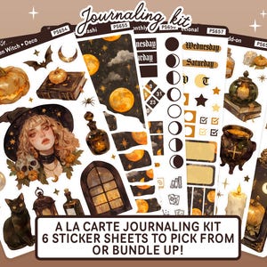 May include: A journaling kit with six sticker sheets, Halloween-themed. Stickers include pumpkins, a witch, moons, and other spooky elements. The image text reads "A LA CARTE JOURNALING KIT 6 STICKER SHEETS TO PICK FROM OR BUNDLE UP!"