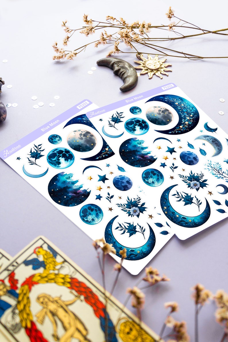 May include: Two sheets of blue moon themed stickers with a variety of designs including moons, stars, and leaves. The stickers are on a white background and have the text "Blue Moon" and "Audree" printed on them.