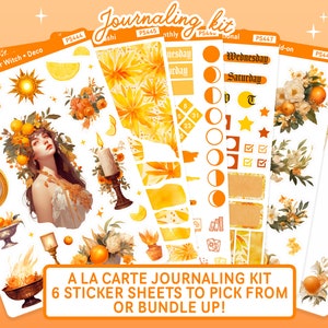 May include: A set of six sticker sheets with a summer witch theme. The sheets feature illustrations of a witch, lemons, oranges, candles, stars, and moons. The text on the sheets reads "Summer Witch. Deco", "Wednesday", "Saturday", "d-on", and "dd-on 2".