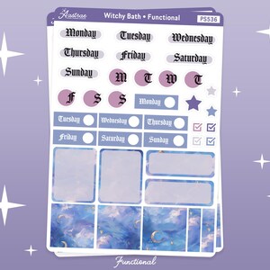 May include: A set of planner stickers with a witchy bath theme. The stickers feature days of the week, letters, and a star. The stickers are on a blue background with clouds and stars.