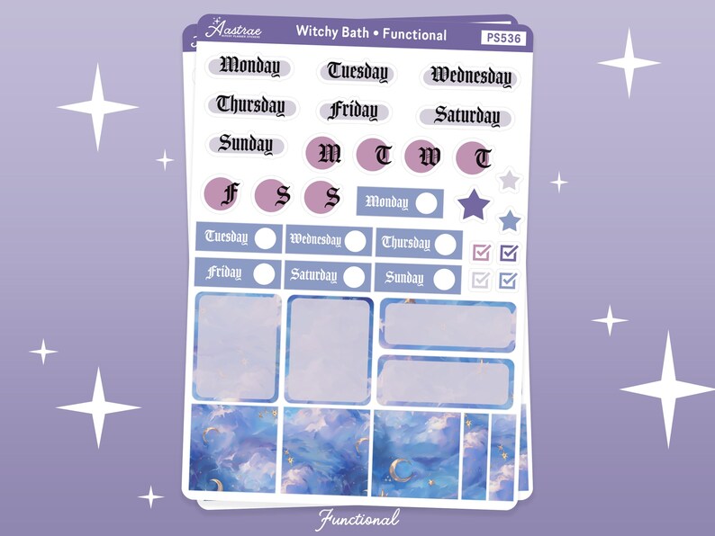 May include: A set of planner stickers with a witchy bath theme. The stickers feature days of the week, letters, and a star. The stickers are on a blue background with clouds and stars.