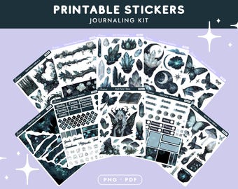 May include: Printable sticker sheets for journaling, featuring a dark fairy theme. The stickers include crystals, butterflies, moons, and weekly planner elements. The color palette is primarily dark teal and black, with accents of white and gray.