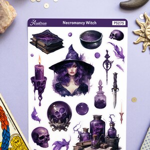 May include: A sheet of stickers featuring a purple and black necromancer witch with a cauldron, potion bottles, a crystal ball, a skull, and a book. The sticker sheet is titled "Necromancy Witch" and has the product code "PS275".