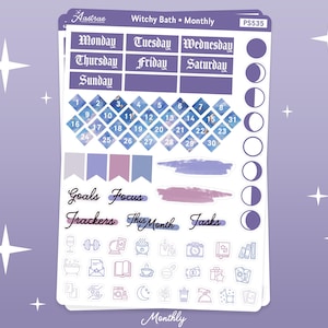 May include: A set of printable planner stickers with a witchy theme. The stickers include a calendar, days of the week, moon phases, and a variety of icons. The stickers are designed in a purple and blue color scheme with a watercolor effect.