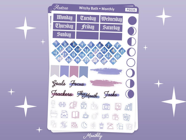 May include: A set of printable planner stickers with a witchy theme. The stickers include a calendar, days of the week, moon phases, and a variety of icons. The stickers are designed in a purple and blue color scheme with a watercolor effect.