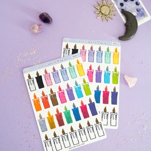 May include: Two sheets of colorful candle stickers with a white background. The stickers are arranged in rows and feature various colors and designs. The text "Color Candle Magic" and "PS013" are printed on the sheets.