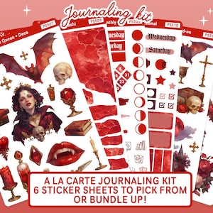 May include: Six sticker sheets for journaling, featuring a vampire queen theme. The sheets include a variety of stickers, including a vampire queen, bats, hearts, and other gothic elements. The sheets are designed to be used for journaling, scrapbooking, or other creative projects.