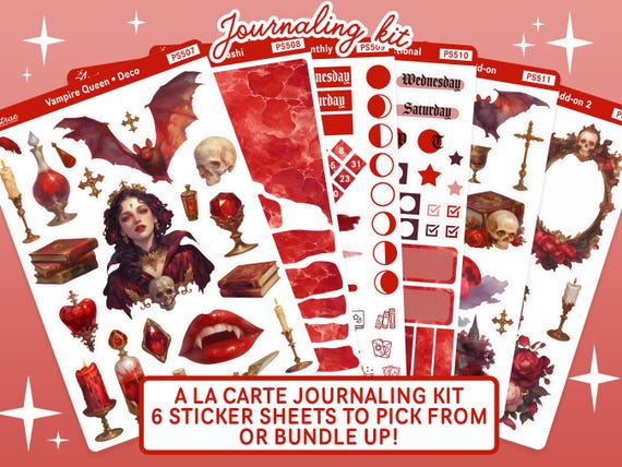 Vampire Queen Monthly Journaling Sticker Kit, Vampire Planner Stickers, Fantasy Sticker Sheet, Reading Journal Stickers, Vampire Stickers